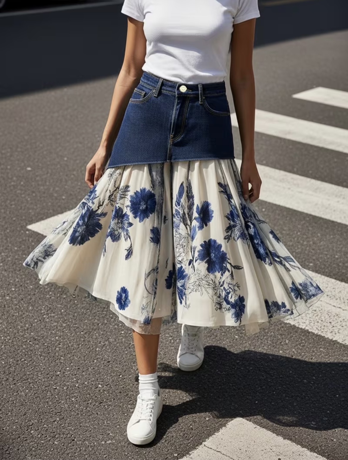 Midi Skirt Floral - Rok midi berpotongan A-line yang longgar